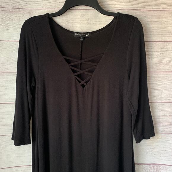 Living Doll Black Dress with Criss Cross Front V Neck Elbow Length Sleeves XL - Picture 2 of 11